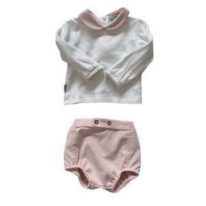Babidu 2 piece pink and white corduroy blouse and bloomers size 9 months